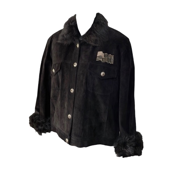 CHAR vintage woman’s black suede jacket Lady Liberty & Flag, fur, 8, EUC - Picture 2 of 12